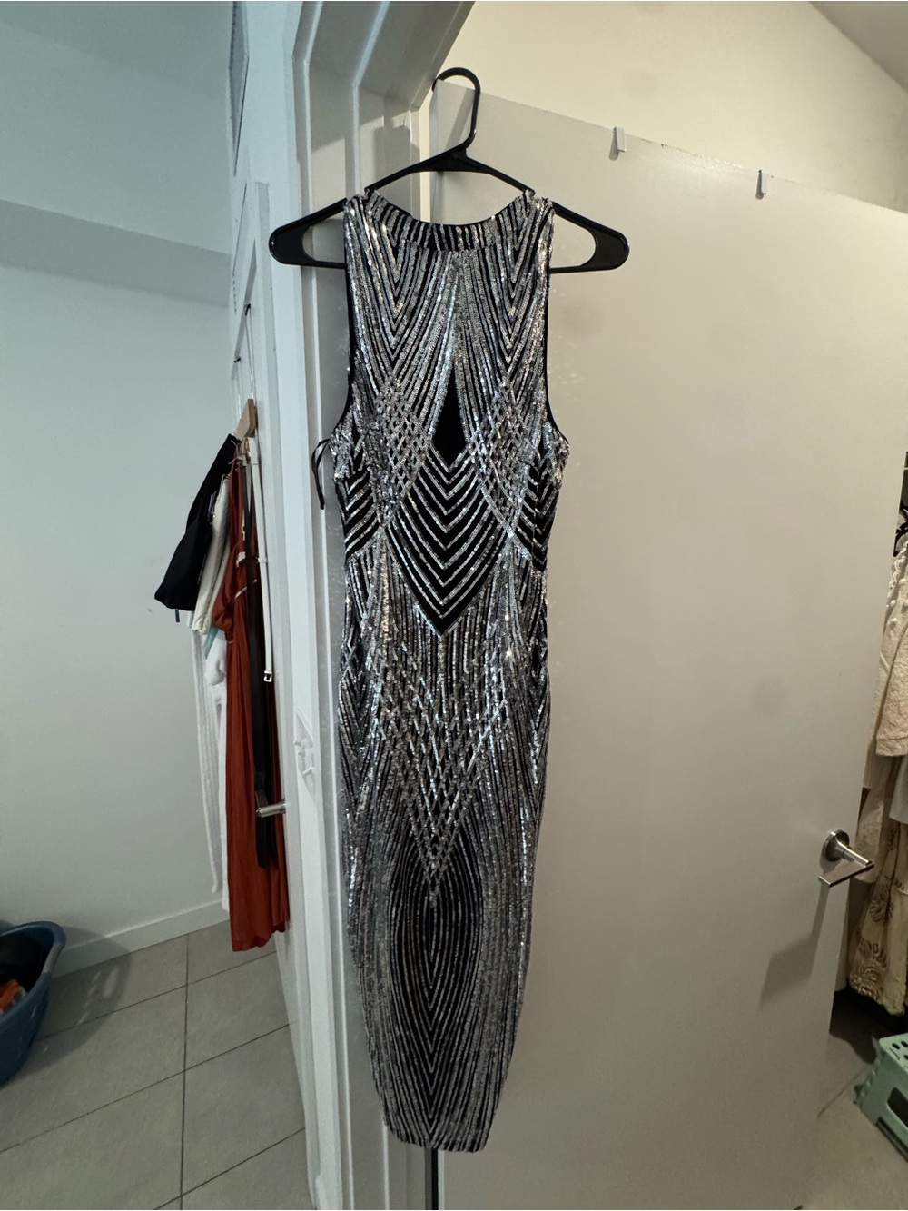 Black & Silver Sequin Midi Dress - Sleeveless Evening Dress